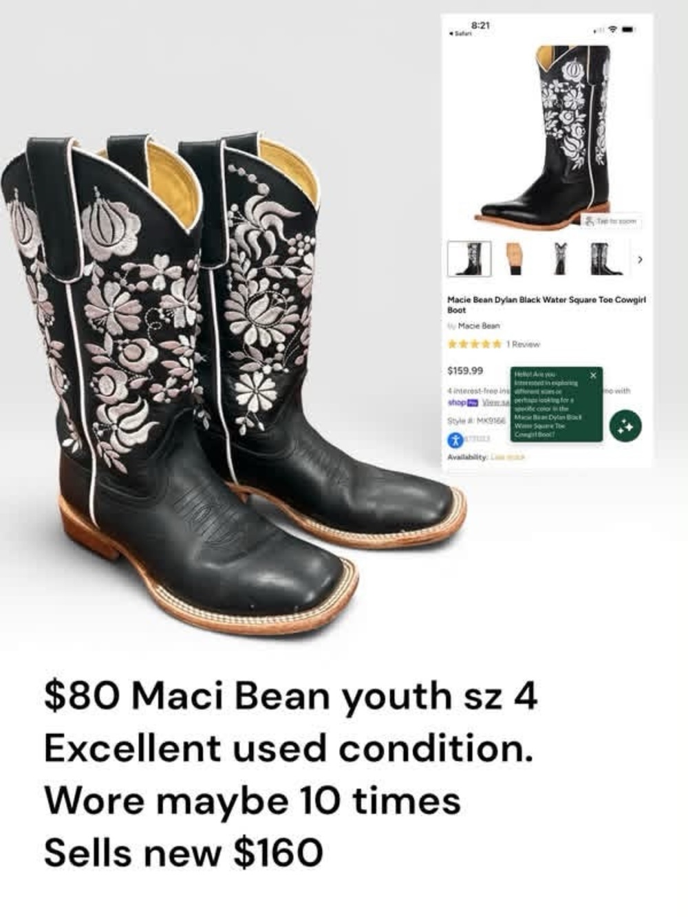Macie Bean Black Boots with White Floral Embroidery